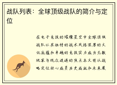战队列表：全球顶级战队的简介与定位