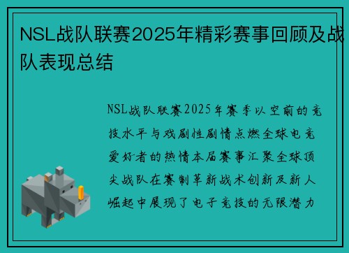 NSL战队联赛2025年精彩赛事回顾及战队表现总结