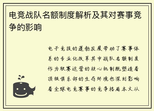 电竞战队名额制度解析及其对赛事竞争的影响